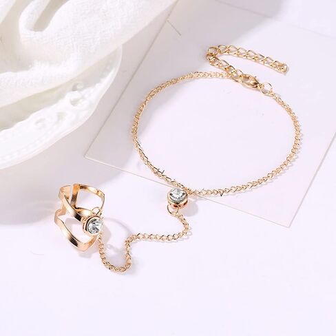 Bethynas Boho Gold Link Bracelet with Slave Finger Ring Vintage Bohemian Crystal Hand Harness Dainty Gold Ring Hand Chain for Women in Kuwait