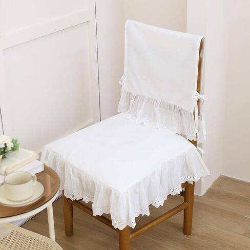 Farmhouse Ruffled Lace Chair Cover Set (1 Back Cover + 1 Seat Cover), White Dining Chair Protector with Lace Trim for Kitchen, Wedding Decor (16 Inch) in Kuwait