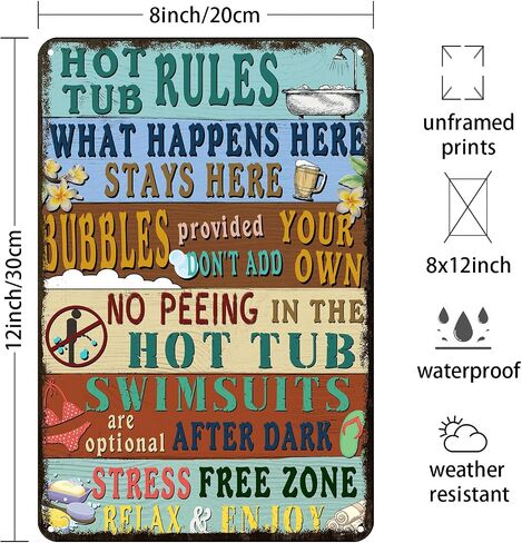 Viodenl Metal Sign Hot Tub Rules Tin Vintage Bar Home Bathroom Pool and Patio Decor Wall Decoration 12x8 Inches in Saudi Arabia