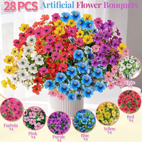 28 Bundles Artificial Flowers for Outdoors Fake Silk Flowers UV Resistant Faux Plastic Plants for Spring Summer Garden Porch Window Box Table Vase Home Indoor Outdoor Decoration, Mixed Color in Saudi Arabia