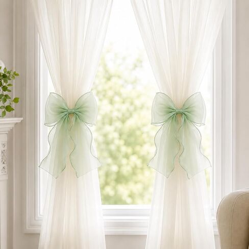 2 Pack Bow Curtain Tiebacks, French Style Silky Ribbon Curtain Holdbacks with Decorative Rope, Elegant Tie Backs for Curtains, Window Drapes, Bedroom Living Room Home Decor (Mint Green) in Saudi Arabia