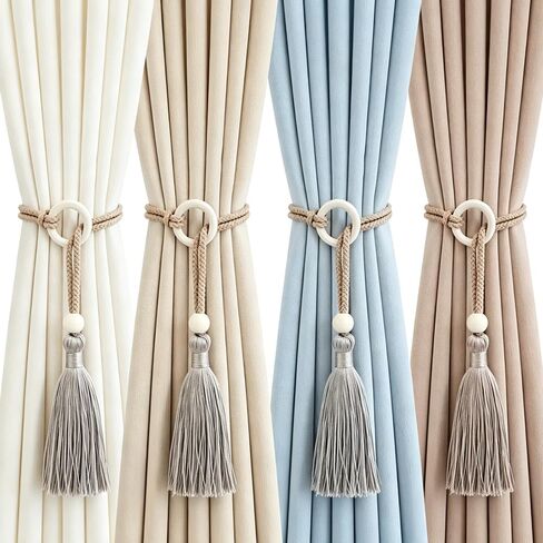 4 Pack Boho Curtain Tiebacks, Boho Drape Holdbacks Rope with Wooden Beads and Tassels for Drapes, Sheers & Home Decor in Kuwait