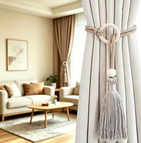 4 Pack Boho Curtain Tiebacks, Boho Drape Holdbacks Rope with Wooden Beads and Tassels for Drapes, Sheers & Home Decor in Kuwait