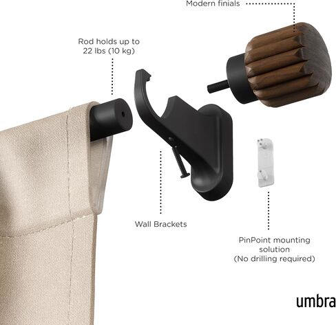 قضيب ستارة Umbra Evie Pin-Point مقاس 42-120 بوصة، أسود/جوز، فولاذ، تركيب بدون مثقاب in Kuwait