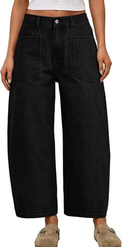 Trendy Queen Women‘s High Waisted Barrel Jeans - Vintage Wide Leg & Ankle Length Denim Pants for Casual Comfort in Kuwait