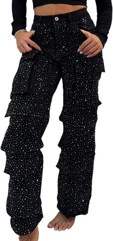 YOOTIKO Womens High Waisted Rhinestone Cargo Jeans Wide Leg Denim Pants Denim and Diamonds Baggy Jeans in Saudi Arabia