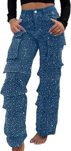 YOOTIKO Womens High Waisted Rhinestone Cargo Jeans Wide Leg Denim Pants Denim and Diamonds Baggy Jeans in Saudi Arabia