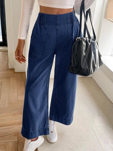 Cicy Bell Womens Wide Legs Baggy Jeans Elastic High Waisted Casual Loose Boyfriend Denim Pants with Pockets in Kuwait