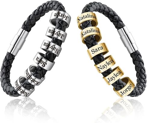 Mens Leather Bracelets with 1-6 Engraved Beads&Name Custom ID Name Braid Bracelet for Men Husband Father Dad Grandpa in Saudi Arabia