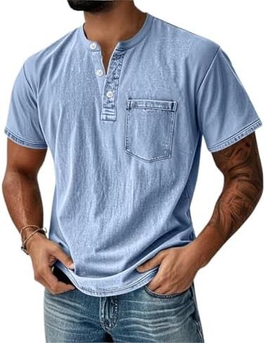 Men's Henley Shirt 100% Cotton Acid Wash Tee Short Sleeve Solid Retro Vintage Style Washed Henley Casual T-Shirt in Saudi Arabia