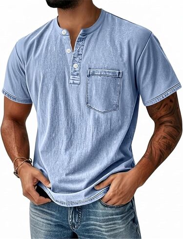 Men's Henley Shirt 100% Cotton Acid Wash Tee Short Sleeve Solid Retro Vintage Style Washed Henley Casual T-Shirt in Saudi Arabia