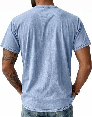 Men's Henley Shirt 100% Cotton Acid Wash Tee Short Sleeve Solid Retro Vintage Style Washed Henley Casual T-Shirt in Saudi Arabia