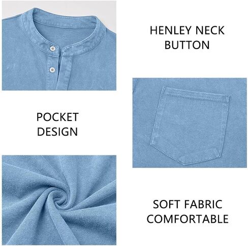 Men's Henley Shirt 100% Cotton Acid Wash Tee Short Sleeve Solid Retro Vintage Style Washed Henley Casual T-Shirt in Saudi Arabia