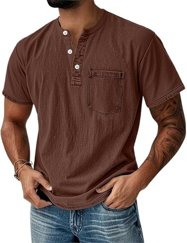 Men's Henley Shirt 100% Cotton Acid Wash Tee Short Sleeve Solid Retro Vintage Style Washed Henley Casual T-Shirt in Saudi Arabia