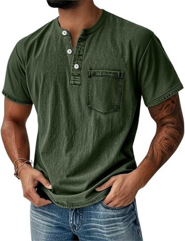 Men's Henley Shirt 100% Cotton Acid Wash Tee Short Sleeve Solid Retro Vintage Style Washed Henley Casual T-Shirt in Saudi Arabia