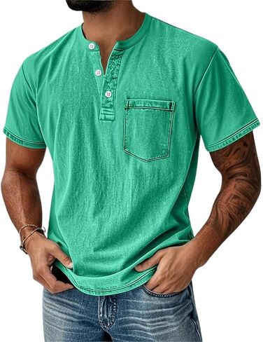 Men's Henley Shirt 100% Cotton Acid Wash Tee Short Sleeve Solid Retro Vintage Style Washed Henley Casual T-Shirt in Saudi Arabia