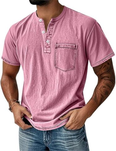 Men's Henley Shirt 100% Cotton Acid Wash Tee Short Sleeve Solid Retro Vintage Style Washed Henley Casual T-Shirt in Saudi Arabia