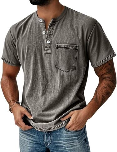 Men's Henley Shirt 100% Cotton Acid Wash Tee Short Sleeve Solid Retro Vintage Style Washed Henley Casual T-Shirt in Saudi Arabia