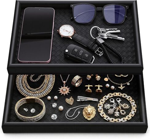 2Pcs Wooden Valet Tray with Leather Base, 11.8 x 7.87inches Entryway Bedside Dump Holder Nightstand Catchall Organizer for Perfume Watch Wallets Keys Watches Jewelry & Sunglasses in Saudi Arabia