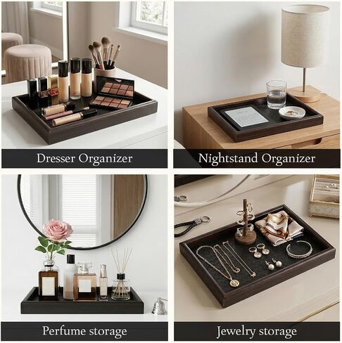 2Pcs Wooden Valet Tray with Leather Base, 11.8 x 7.87inches Entryway Bedside Dump Holder Nightstand Catchall Organizer for Perfume Watch Wallets Keys Watches Jewelry & Sunglasses in Saudi Arabia