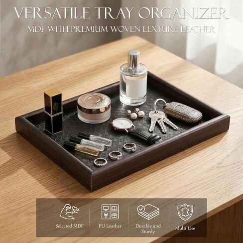 2Pcs Wooden Valet Tray with Leather Base, 11.8 x 7.87inches Entryway Bedside Dump Holder Nightstand Catchall Organizer for Perfume Watch Wallets Keys Watches Jewelry & Sunglasses in Saudi Arabia
