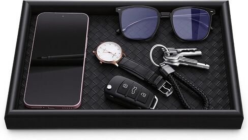 2Pcs Wooden Valet Tray with Leather Base, 11.8 x 7.87inches Entryway Bedside Dump Holder Nightstand Catchall Organizer for Perfume Watch Wallets Keys Watches Jewelry & Sunglasses in Saudi Arabia