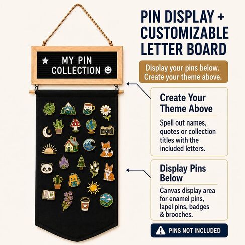 Enamel Pin Display Banner with Customizable Felt Letter Board and 170+ Letters, Hanging Canvas Pin Organizer for Lapel Pins, Brooches & Badges, Wall Display for Pin Collectors, Bedroom Dorm Decor in Saudi Arabia