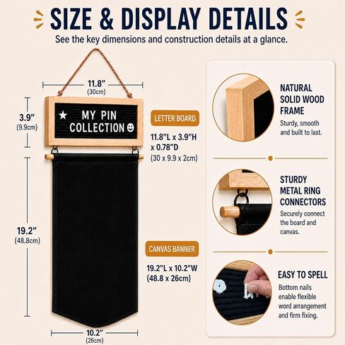 Enamel Pin Display Banner with Customizable Felt Letter Board and 170+ Letters, Hanging Canvas Pin Organizer for Lapel Pins, Brooches & Badges, Wall Display for Pin Collectors, Bedroom Dorm Decor in Saudi Arabia