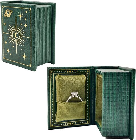 Vintage Magic Book-Shaped Ring Box Starry Sky Pattern PU Leather with Magnetic Closure for Proposal Engagement Gift (Green) in Saudi Arabia