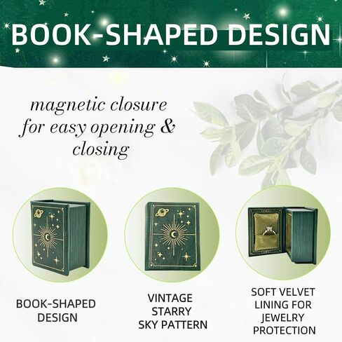 Vintage Magic Book-Shaped Ring Box Starry Sky Pattern PU Leather with Magnetic Closure for Proposal Engagement Gift (Green) in Saudi Arabia