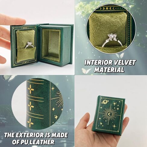 Vintage Magic Book-Shaped Ring Box Starry Sky Pattern PU Leather with Magnetic Closure for Proposal Engagement Gift (Green) in Saudi Arabia