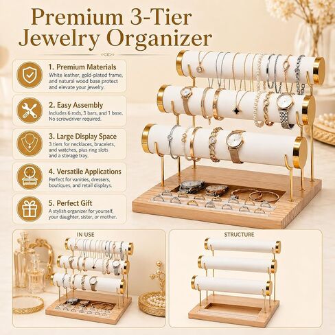 Three-Tier Bracelet Display Rack, Jewelry Display Rack. Multi-purpose Necklace Storage Rack, Watch, Bracelet, Ring and Other Jewelry Storage Rack with Tray. in Kuwait