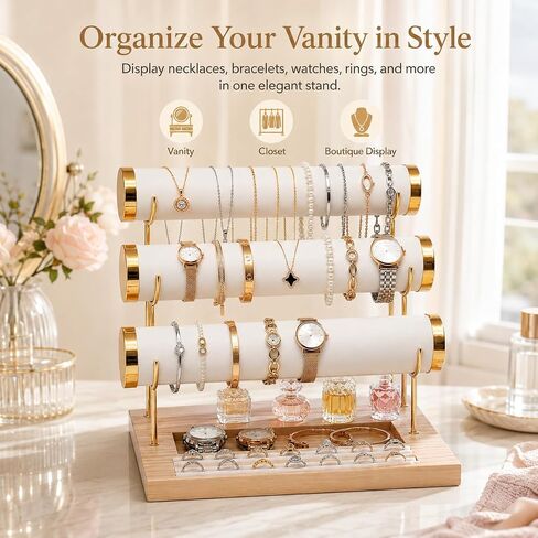 Three-Tier Bracelet Display Rack, Jewelry Display Rack. Multi-purpose Necklace Storage Rack, Watch, Bracelet, Ring and Other Jewelry Storage Rack with Tray. in Kuwait