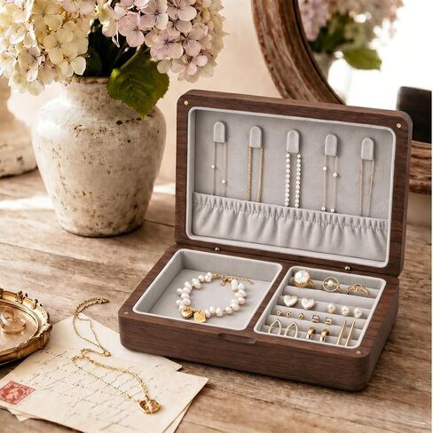 Small Wooden Jewelry Box, Solid American Black Walnut Jewelry Case | Portable Jewelry Organizer with Velvet Lining and Magnetic Closure for Vanity and Travel, Ideal Gift For Women and Girls in Kuwait