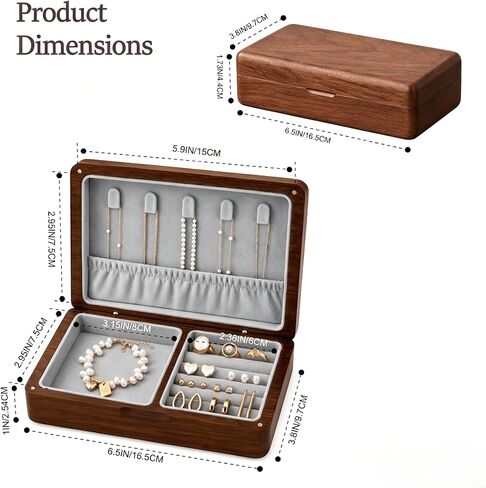 Small Wooden Jewelry Box, Solid American Black Walnut Jewelry Case | Portable Jewelry Organizer with Velvet Lining and Magnetic Closure for Vanity and Travel, Ideal Gift For Women and Girls in Kuwait