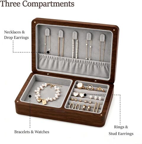 Small Wooden Jewelry Box, Solid American Black Walnut Jewelry Case | Portable Jewelry Organizer with Velvet Lining and Magnetic Closure for Vanity and Travel, Ideal Gift For Women and Girls in Kuwait