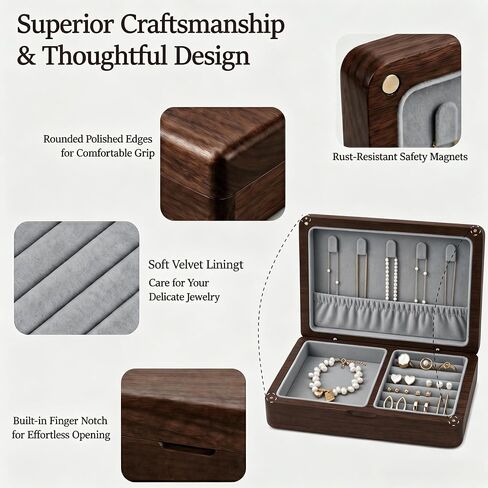 Small Wooden Jewelry Box, Solid American Black Walnut Jewelry Case | Portable Jewelry Organizer with Velvet Lining and Magnetic Closure for Vanity and Travel, Ideal Gift For Women and Girls in Kuwait