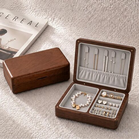 Small Wooden Jewelry Box, Solid American Black Walnut Jewelry Case | Portable Jewelry Organizer with Velvet Lining and Magnetic Closure for Vanity and Travel, Ideal Gift For Women and Girls in Kuwait