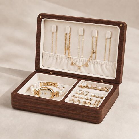 Small Wooden Jewelry Box, Solid American Black Walnut Jewelry Case | Portable Jewelry Organizer with Velvet Lining and Magnetic Closure for Vanity and Travel, Ideal Gift For Women and Girls in Kuwait