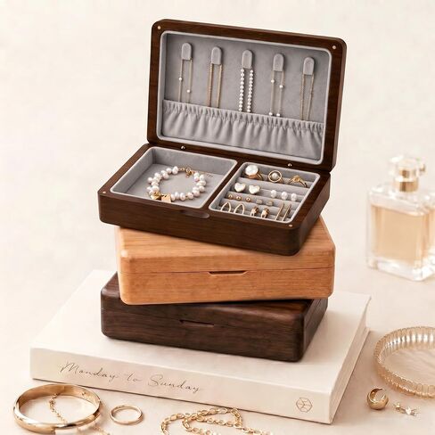 Small Wooden Jewelry Box, Solid American Black Walnut Jewelry Case | Portable Jewelry Organizer with Velvet Lining and Magnetic Closure for Vanity and Travel, Ideal Gift For Women and Girls in Kuwait