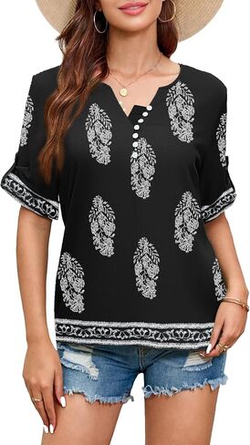 GUNEST Boho Tops for Women Floral Print Button Up V Neck Roll Up 3/4 Sleeve Casual Summer Blouses in Saudi Arabia