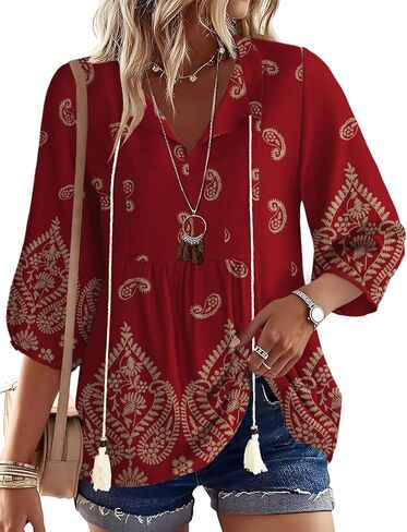 Rapbin Womens Summer Tops Bohemian Babydoll Blouses Cute Peplum Front Tie Flowy Top 3/4 Sleeve Linen Shirts Loose Half Sleeve Blouse Hawaiian Shirts (Claret Red S) in Saudi Arabia