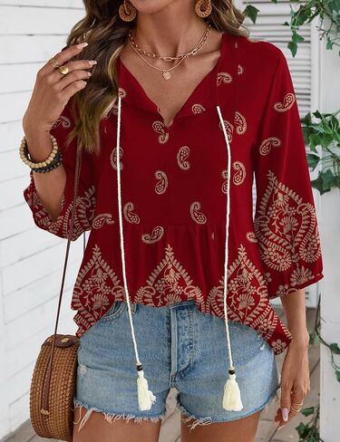 Rapbin Womens Summer Tops Bohemian Babydoll Blouses Cute Peplum Front Tie Flowy Top 3/4 Sleeve Linen Shirts Loose Half Sleeve Blouse Hawaiian Shirts (Claret Red S) in Saudi Arabia