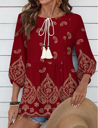 Rapbin Womens Summer Tops Bohemian Babydoll Blouses Cute Peplum Front Tie Flowy Top 3/4 Sleeve Linen Shirts Loose Half Sleeve Blouse Hawaiian Shirts (Claret Red S) in Saudi Arabia