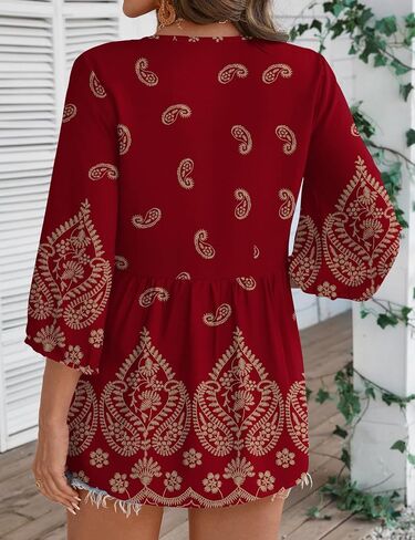 Rapbin Womens Summer Tops Bohemian Babydoll Blouses Cute Peplum Front Tie Flowy Top 3/4 Sleeve Linen Shirts Loose Half Sleeve Blouse Hawaiian Shirts (Claret Red S) in Saudi Arabia