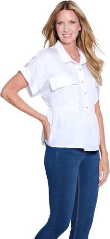 Multiples Women's Clothing | Cuffed Short Sleeve Dolman 2-Pocket Peplum Top in Kuwait