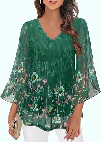 Womens Ruffle 3/4 Sleeve V Neck Double Layers Mesh Blouses Loose Fit Flowy Tunic Tops S-XXL in Kuwait
