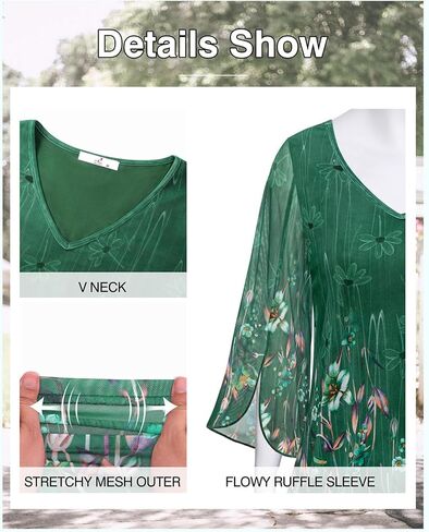 Womens Ruffle 3/4 Sleeve V Neck Double Layers Mesh Blouses Loose Fit Flowy Tunic Tops S-XXL in Kuwait