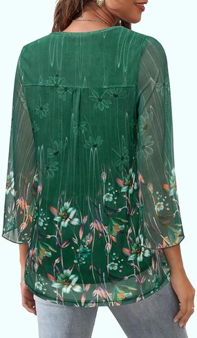 Womens Ruffle 3/4 Sleeve V Neck Double Layers Mesh Blouses Loose Fit Flowy Tunic Tops S-XXL in Kuwait