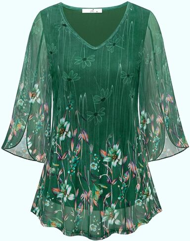 Womens Ruffle 3/4 Sleeve V Neck Double Layers Mesh Blouses Loose Fit Flowy Tunic Tops S-XXL in Kuwait